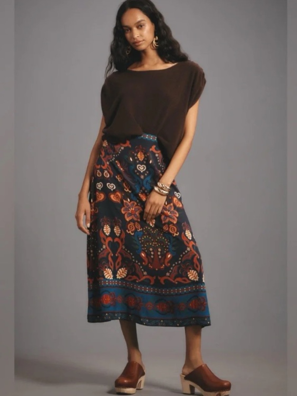 New Anthropologie Farm Rio Indigo Blue Boho Beach Floral Satin Slip Midi Skirt M - Picture 2 of 9